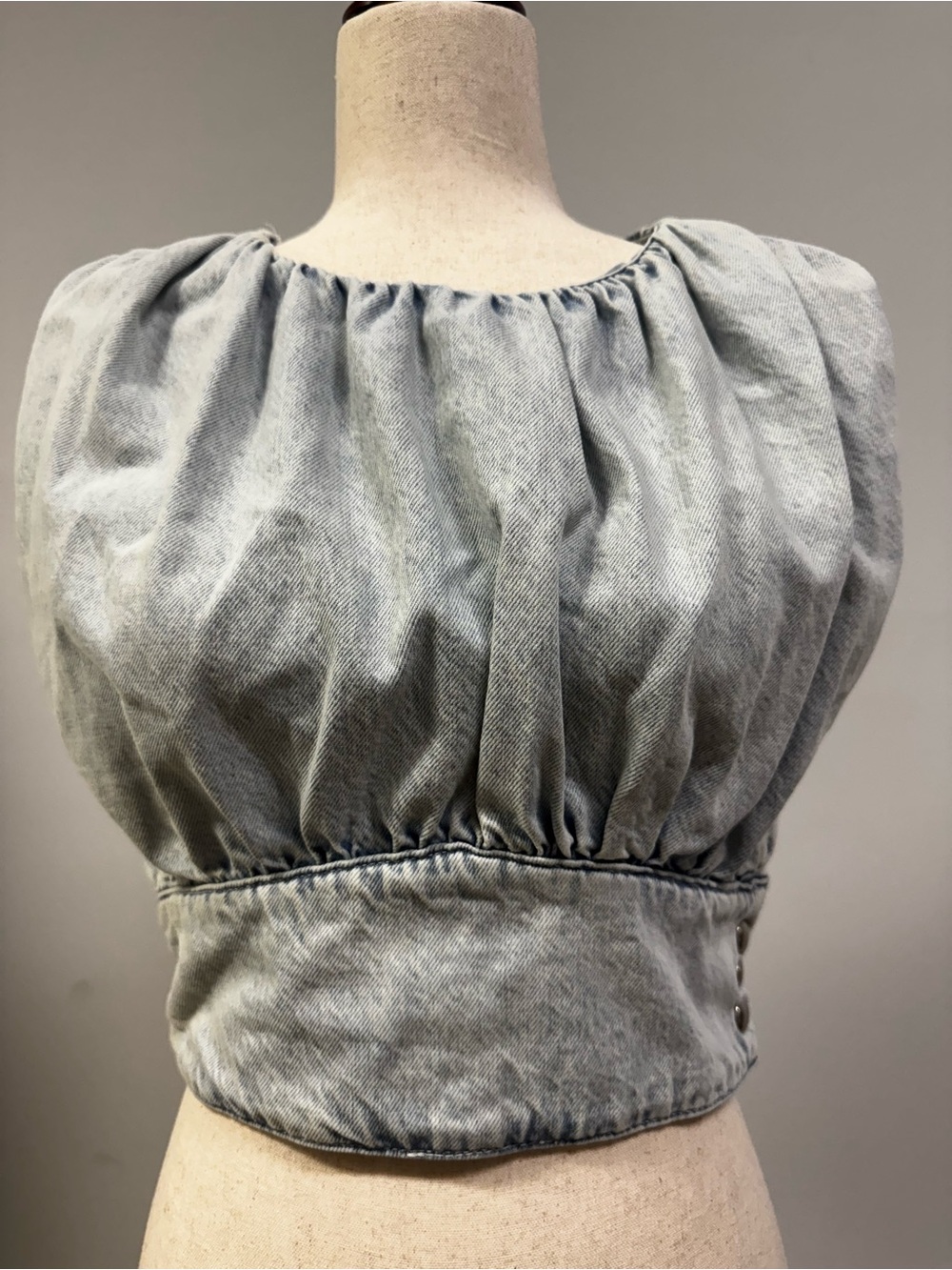Zara Light Blue Denim Gathered Crop Top - Picture 5 of 6